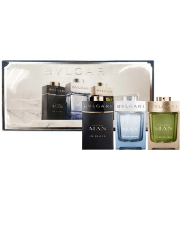 BVLGARI MEN'S MINIATURE COLLECTION GIFT SET 3 X 15ML EDP SPLASHES (MAN IN BLACK + GLACIAL ESSENCE + MAN WOOD ESSENCE)