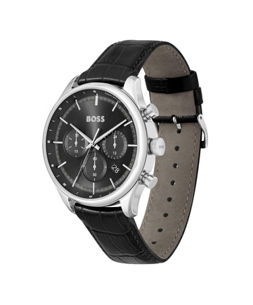 HUGO BOSS GREGOR 45MM QUARTZ CHRONOGRAPH BLACK DIAL BLACK LEATHER STRAP 1514049