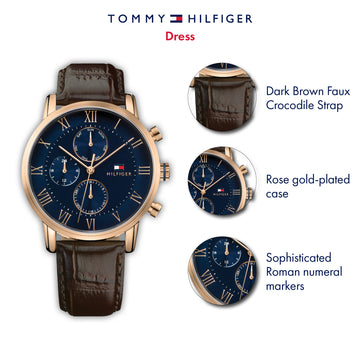 Tommy Hilfiger Kane 44Mm Quartz Blue Dial Brown Leather Strap 1791399