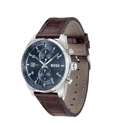 HUGO BOSS SKYTRAVELLER 44MM Quartz BLUE DIAL BROWN CROC LEATHER STRAP 1514194