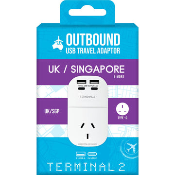 Terminal 2 Outbound Travel Adaptor with 4 USB Ports for UK, Ireland, Hong Kong &amp; More V2