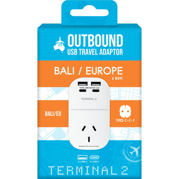 Terminal 2 Outbound Travel Adaptor with 4 USB Ports for Europe, Russia, Vietnam &amp; More