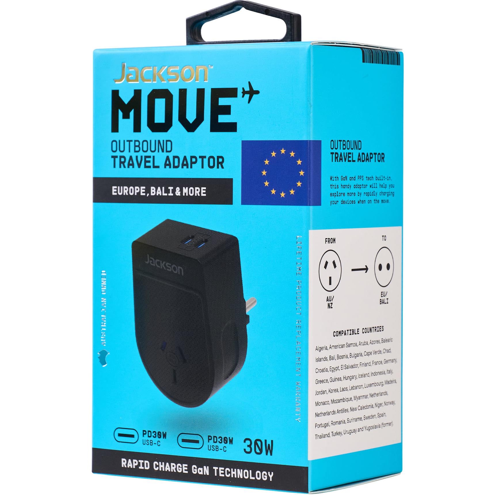 Jackson MOVE Rapid Charge PD30W USB-C Outbound Travel Adaptor for Euro