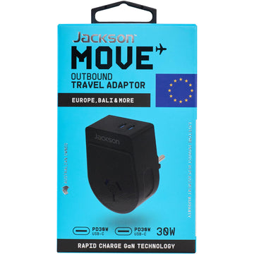 Jackson MOVE Rapid Charge PD30W USB-C Outbound Travel Adaptor for Europe, Bali &amp; More